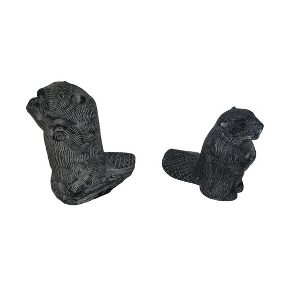 2 Vintage Beavers Soapstone Figurines - AL Wolf Hand Made in Canada - Picture 2 of 6